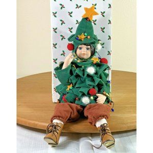 Vintage Cracker Barrel Porcelain Christmas Doll Elf Shelf Sitter Holding Lights